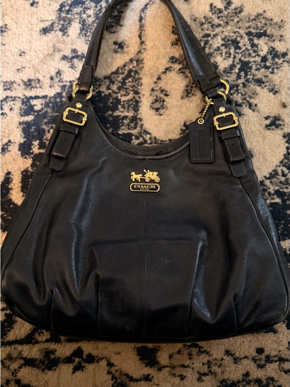 EUC Coach Vintage Navy Leather Shoulder Bag with Gold Hardware & 3 Compartments - Picture 3 of 9